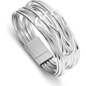 Women's Silver Leather Wrap Multi Layer Pearl Crystal Magnetic Clasp Bracelet